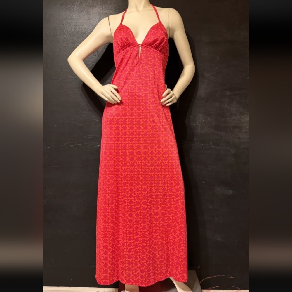 Vintage 70s Designer Geometric Print Halter Maxi Slit Dress Fits S/M